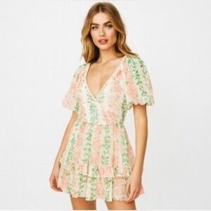 Vici Pastel Floral Tiered Mini With‎ Lace Detail Dress Women’s Size Small